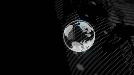 animation of data processing with silhouettes of people over globe on black background