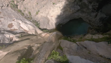 top view drone shot of dimosari waterfall in lefkata