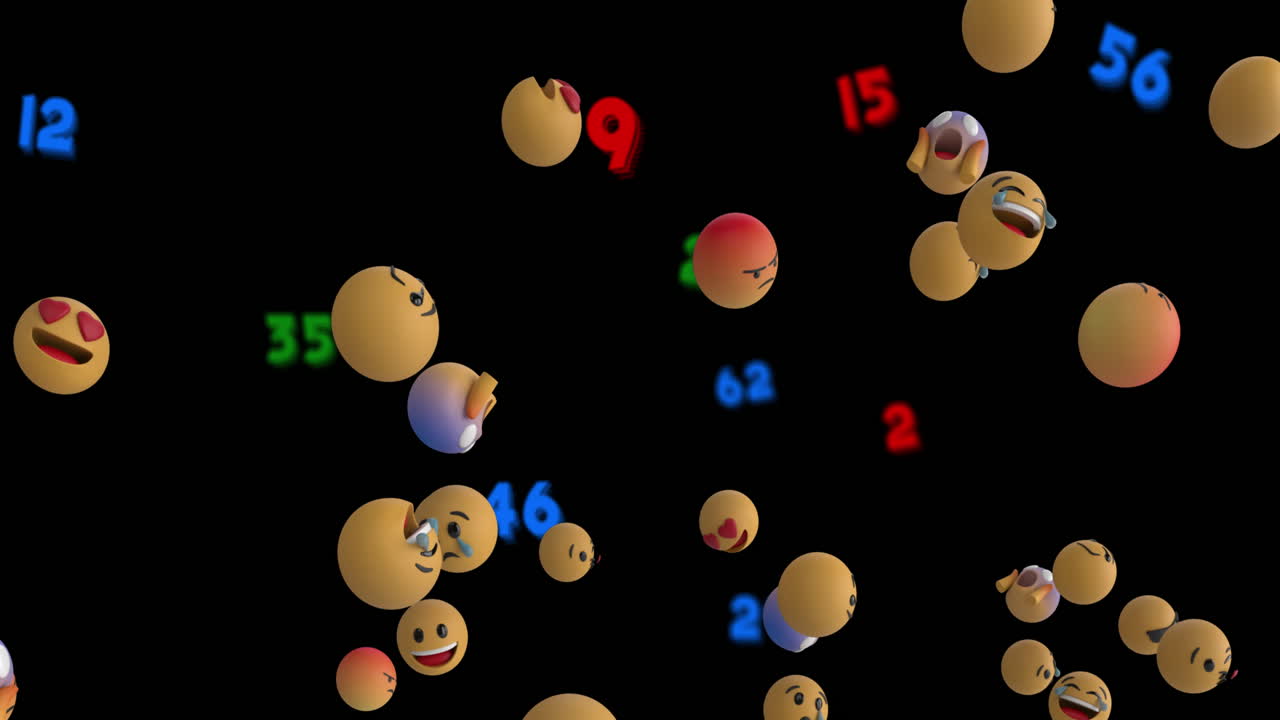 Animation of emoji icons floating and numbers on black background
