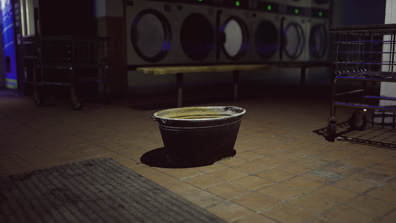 Empty bucket in a dimly lit laundromat during late night hours
