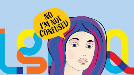 animation of no i'm not confused text on speech bubble over person and lgbtq rainbow text