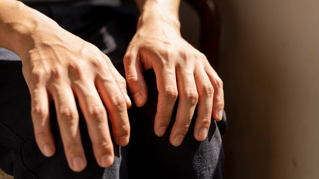 Manos de una persona flexionándose y moviéndose hacia el interior de los muslos, iniciando un movimiento mientras está sentada junto a una pared pálida, con pantalones oscuros.