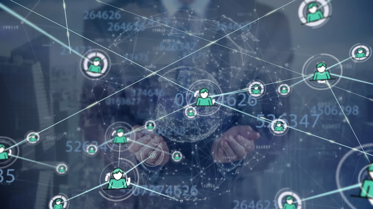 데이터 처리 및 스에 대한 사람 아이콘과 연결 네트워크의 애니메이션
