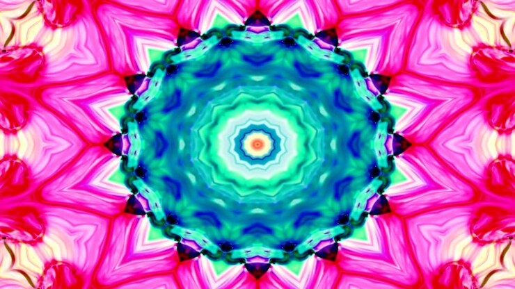 Motivo Astratto Colorato, Lucido e Ipnotico, con Concetto Simmetrico Ornamentale Decorativo, Movimento Caleidoscopico e Forme Geometriche (Cerchi e Stelle)