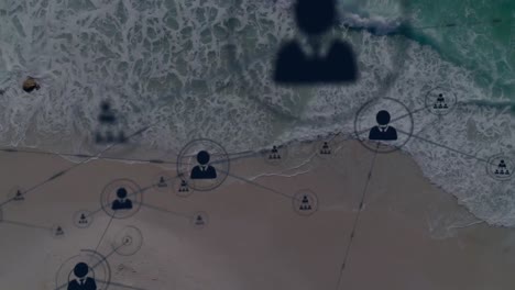 Animation-of-network-of-connections-with-icons-over-sea-view