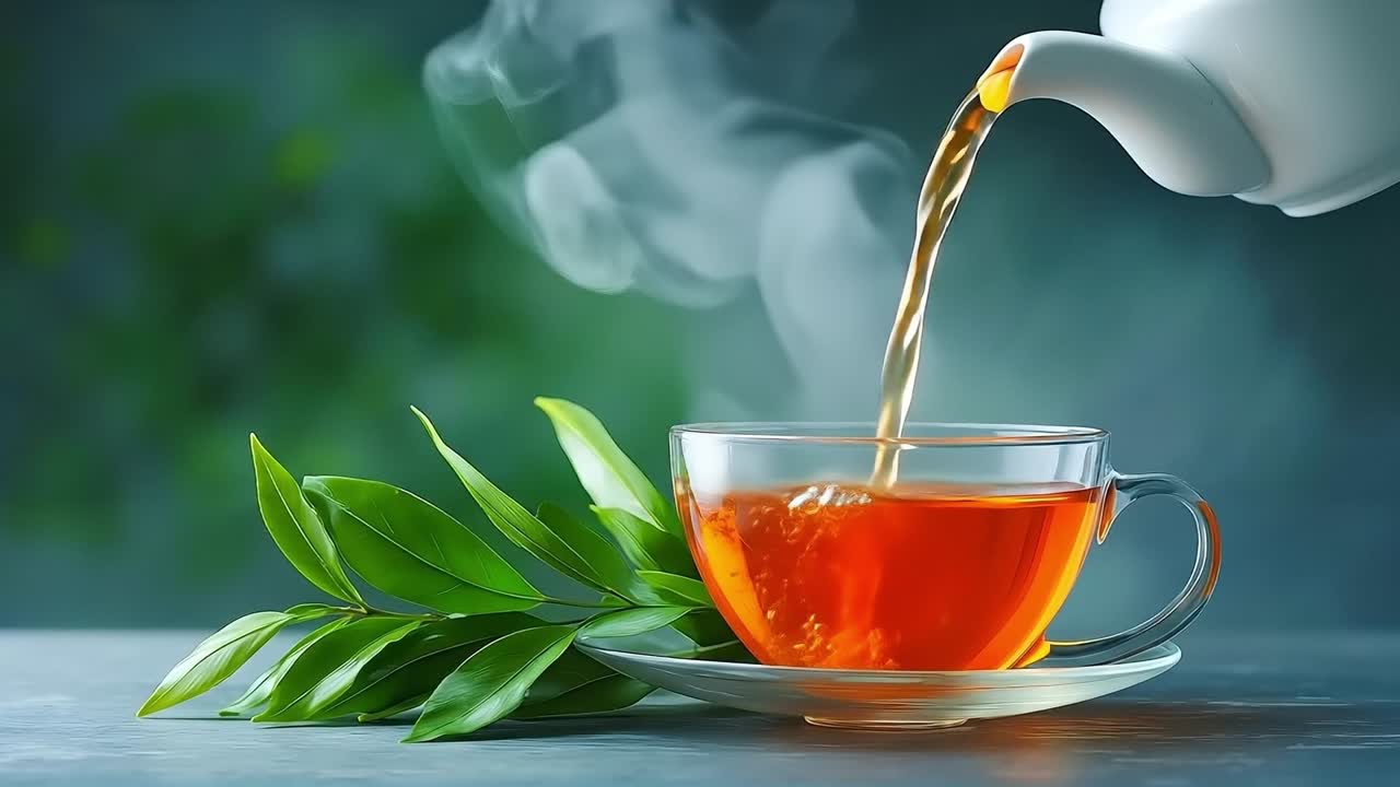A cup of tea being poured into a glass cup with steam coming out of it