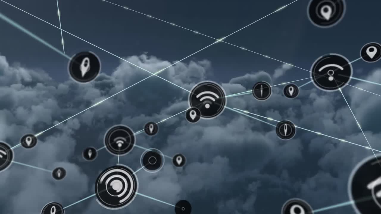 animación de la red de conexiones con iconos sobre nubes