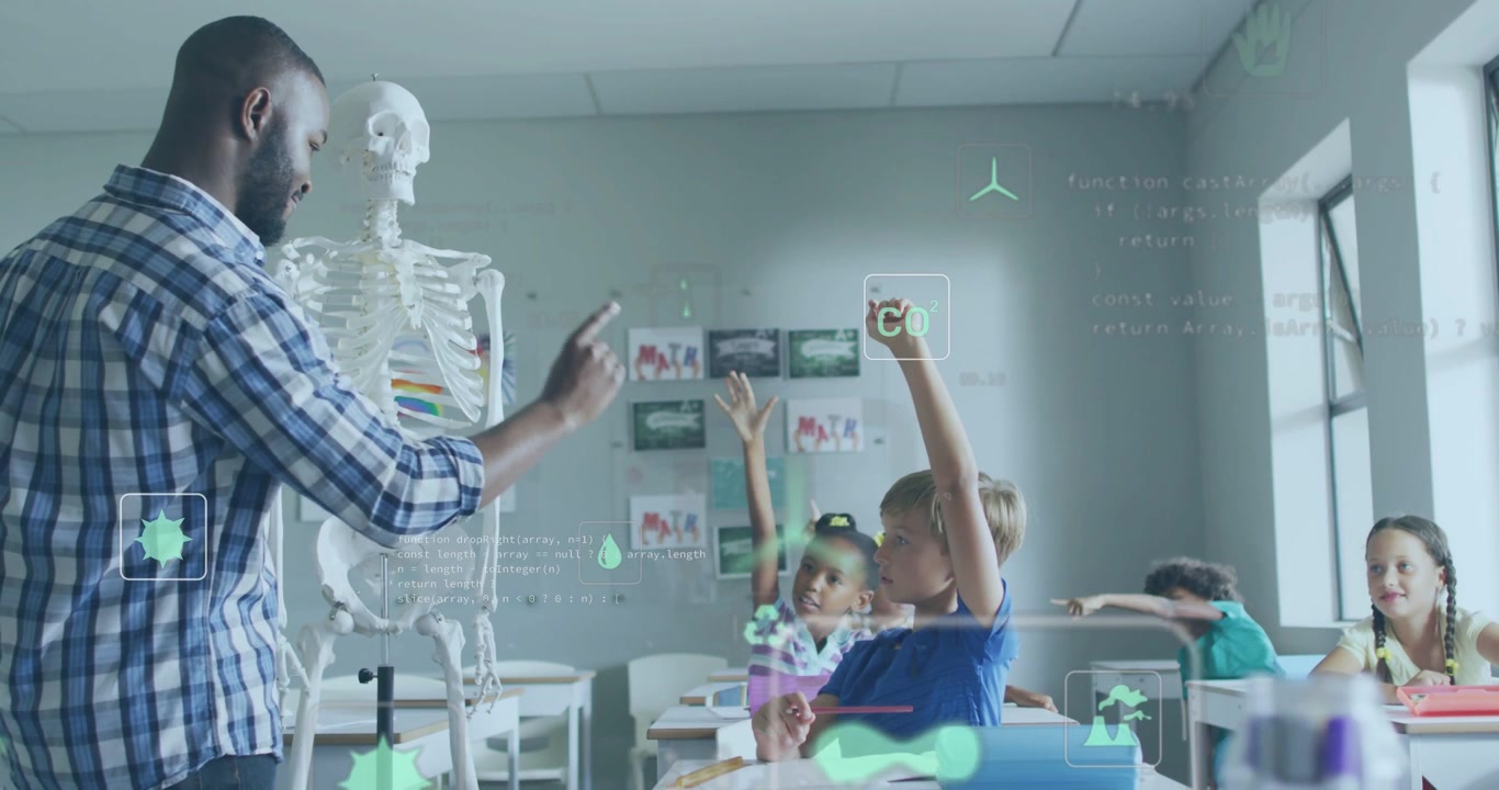 Showing teacher wearing checked shirt touching skeleton at front of class with AR icons, copy space