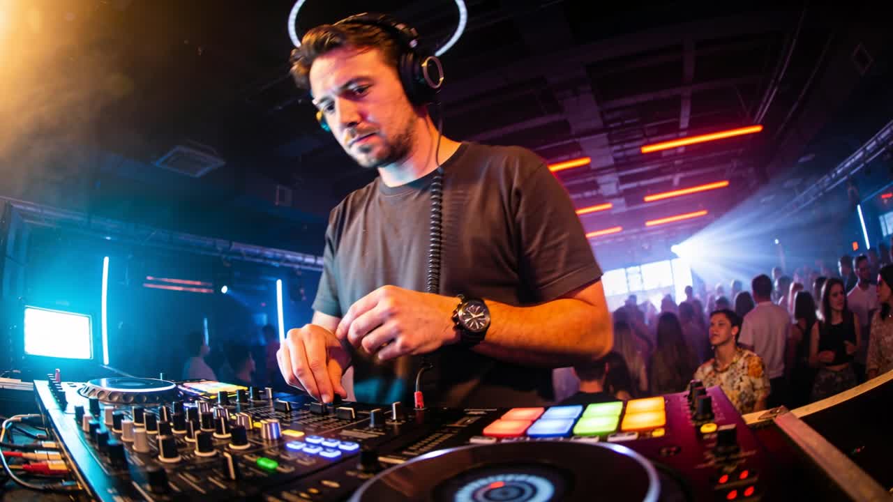 Mixing DJ wearing headphones, dark tee turning knobs, sliding faders during track change at club