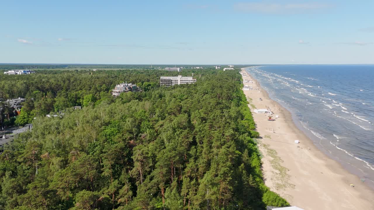 Aerial view of Jurmala Latvia forested coastline with Baltic Sea and beach resorts
