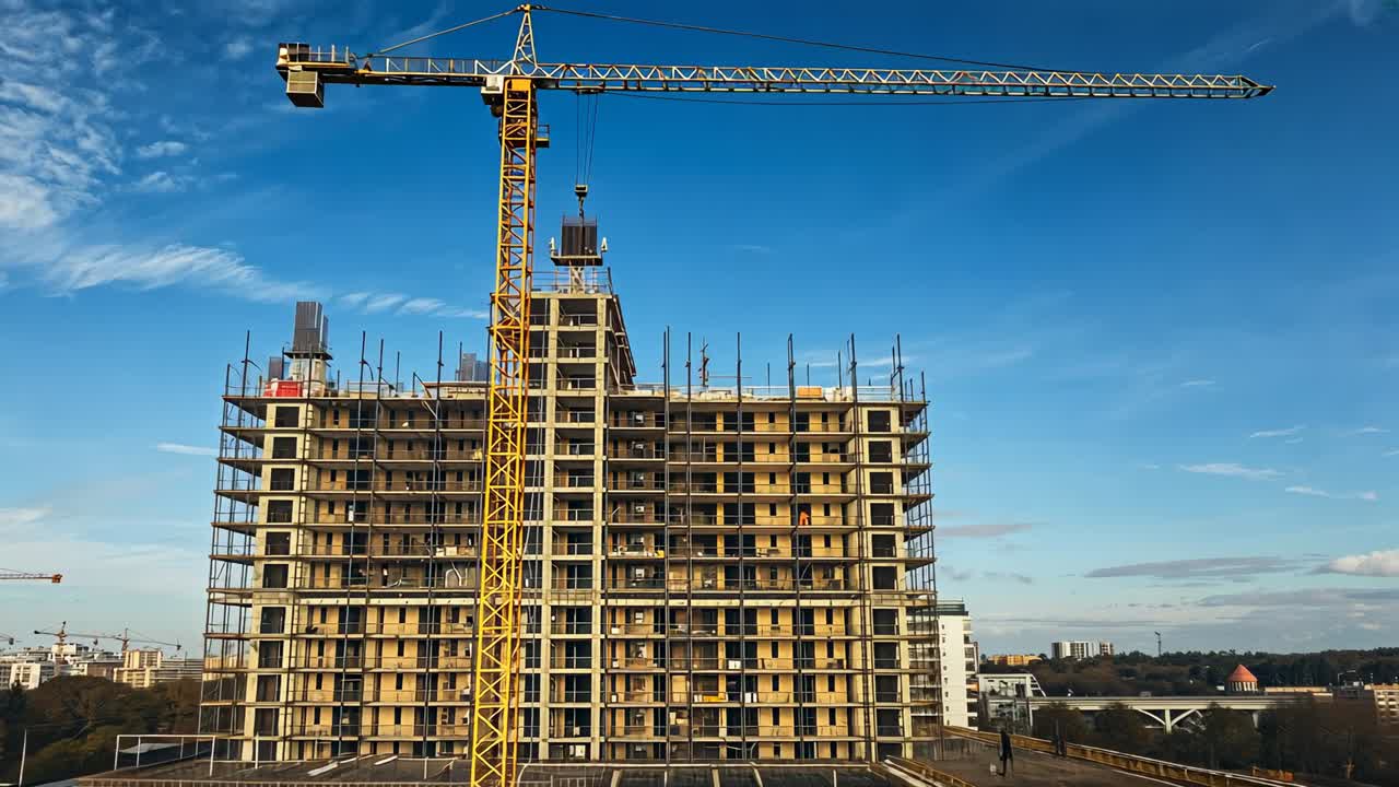 Opening shot panning, zooming in on tower crane hook assembly for inspection at construction site