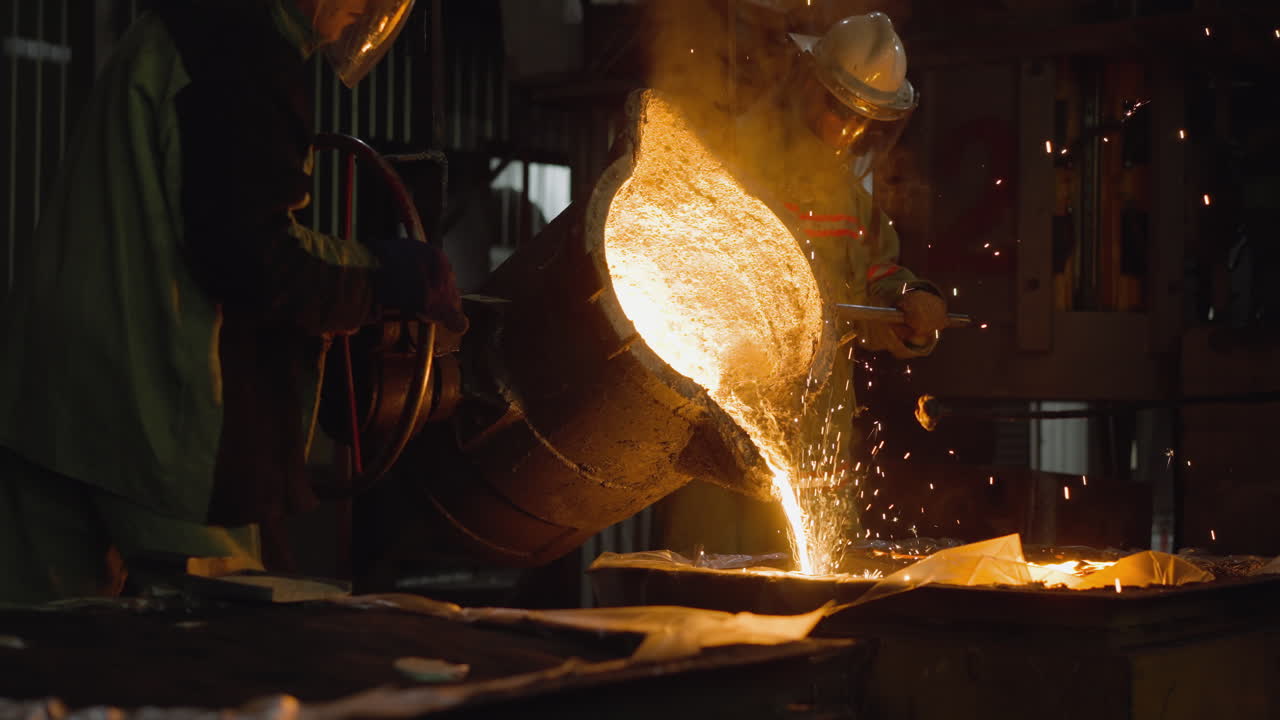 рабочие промышленного литейного завода наливают расплавленный металл из большой ложки