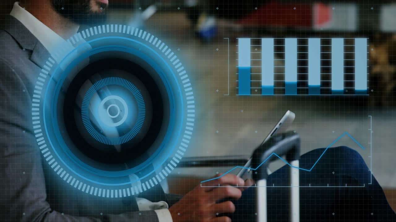 Man sitting in lounge tapping tablet, causing blue HUD and charts updating with business analytics