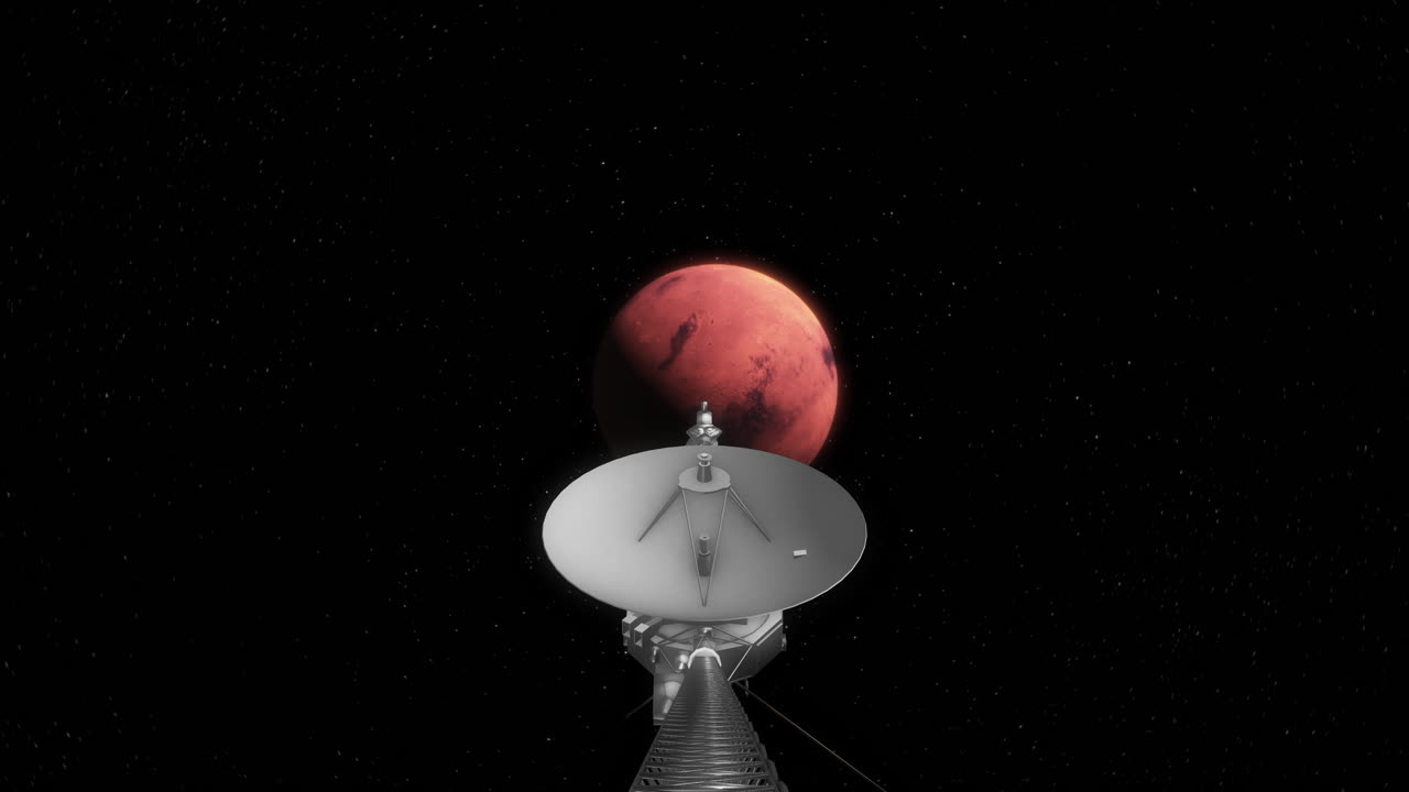 toma al estilo de cámara de acción de la voyager 1 que se dirige hacia el planeta rojo marte mientras viaja a través del sistema solar para recopilar fotos y datos científicos 4k