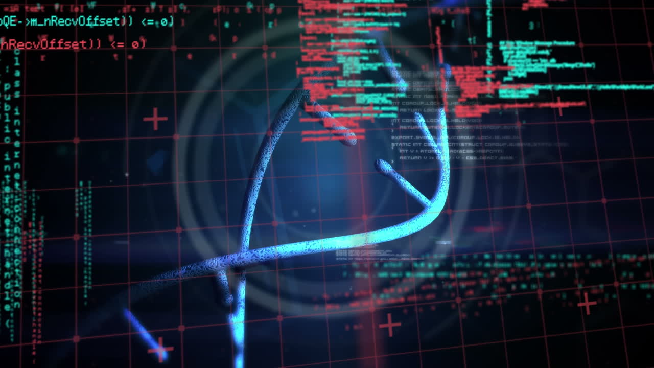 Animation of dna strand over science data processing on dark background
