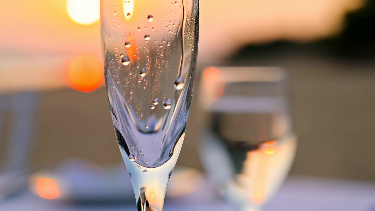 Primo piano di un flûte da champagne ghiacciato coperto da goccioline di condensa, che brilla nella calda luce del tramonto con un bicchiere leggermente sfocato sullo sfondo.