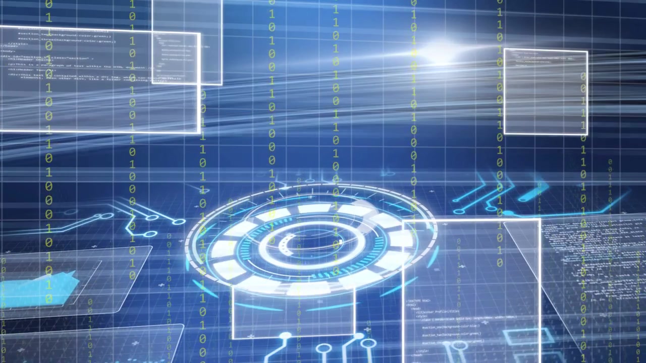 Bright flare sweeping above initiating circular hub powering, panels orbiting visualizing live data