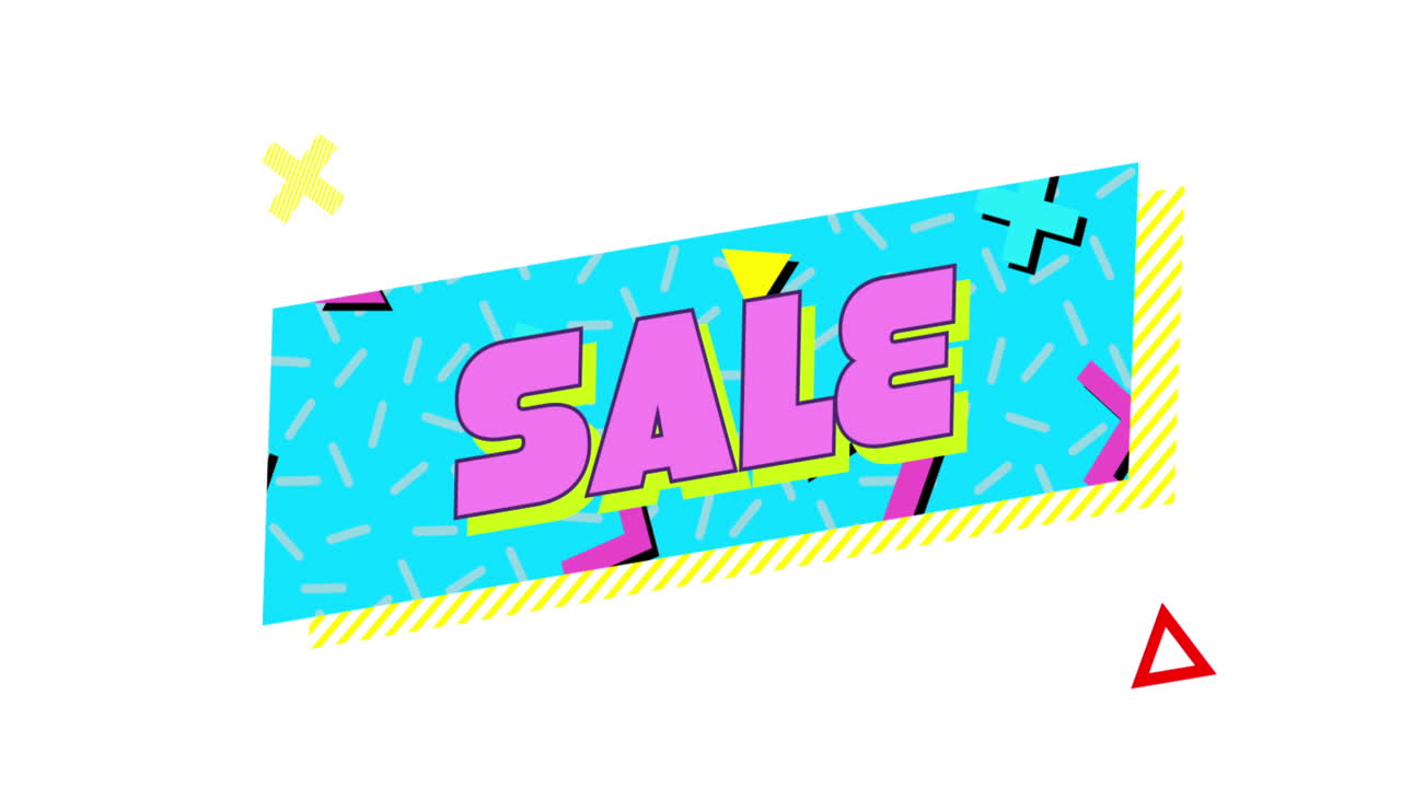 texto de venta retro en cinta por encima de formas coloridas