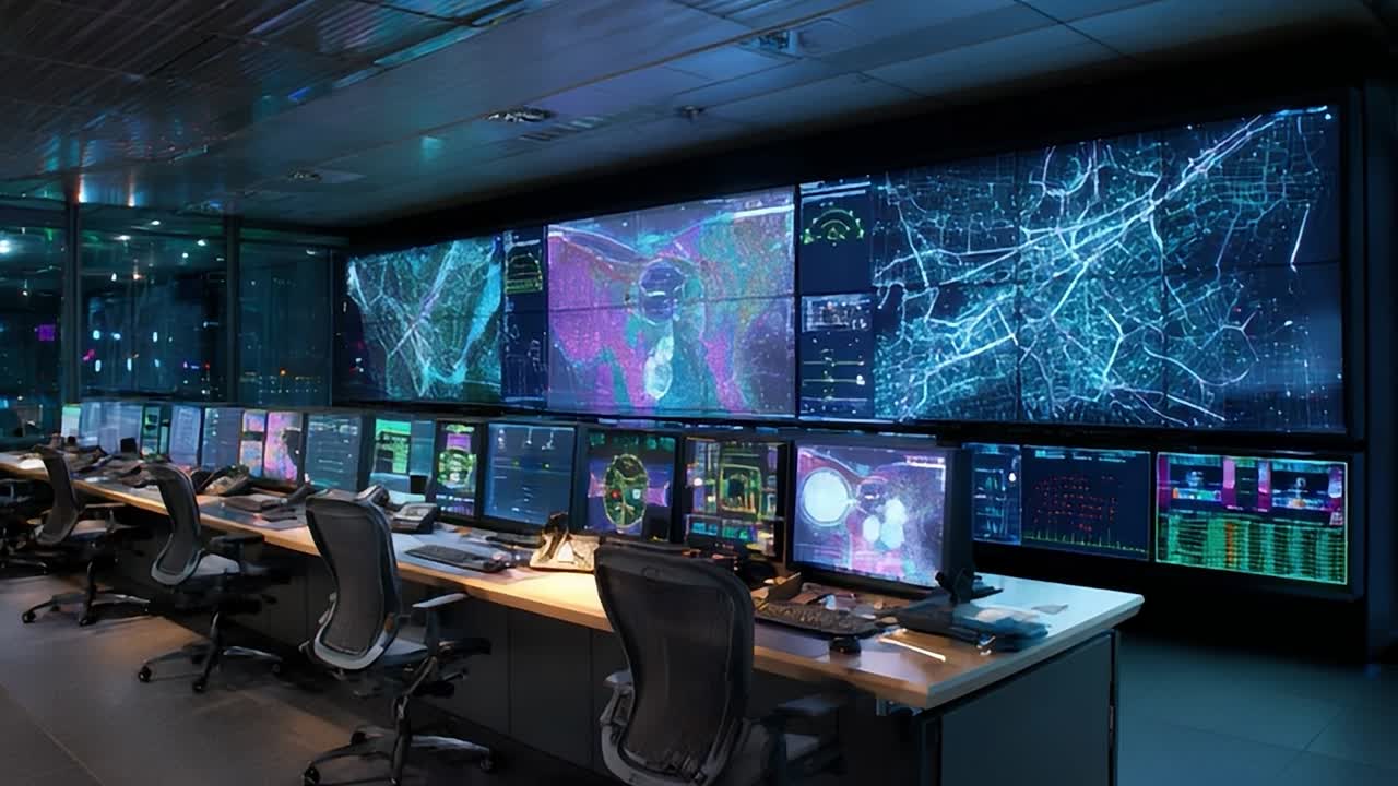 Control center with advanced technology monitoring urban traffic flow