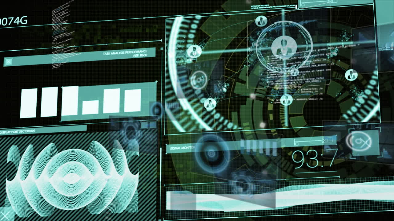 Animation of data with profile icons, graph over hud processing on digital interface