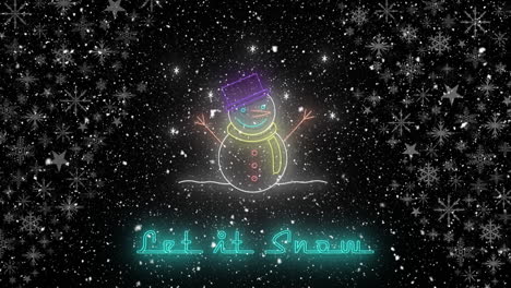animación de dejar que nieve texto en navidad sobre el muñeco de nieve y la nieve cayendo