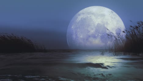 giant magical blue moon reflecting in the waters of lake or sea. scenic romantic background.