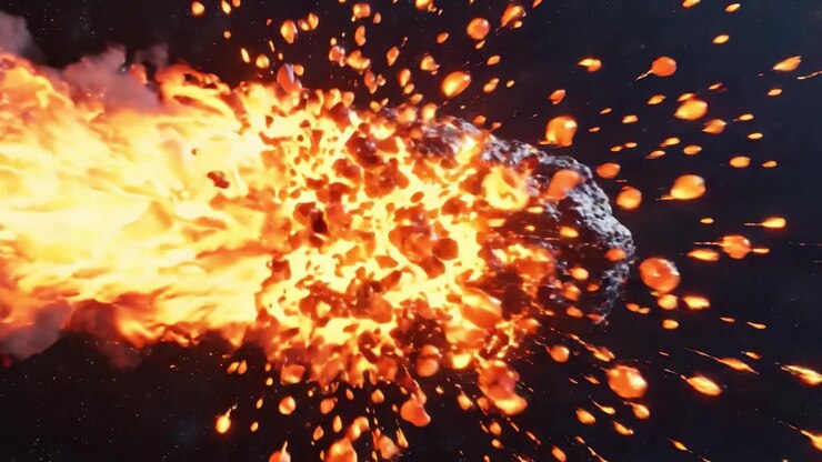 An Epic Journey Through the Cosmos: A Meticulously Crafted Representation of a Fiery Asteroid Traveling Through Space and its Explosive Encounter with Lava Particles