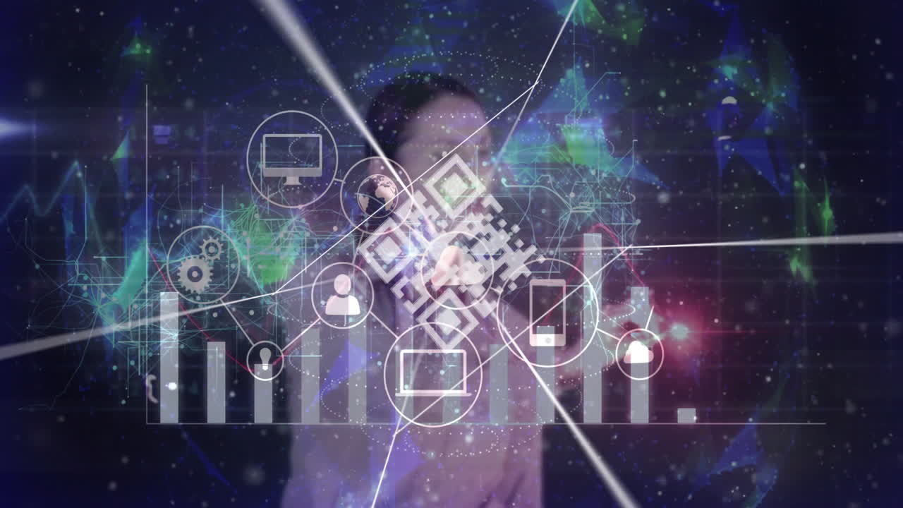 In school, person interacting with animation of QR code and digital data graphics