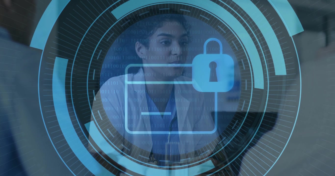 Doctor leaning forward and speaking, activating data-security HUD with spinning rings and lock icon