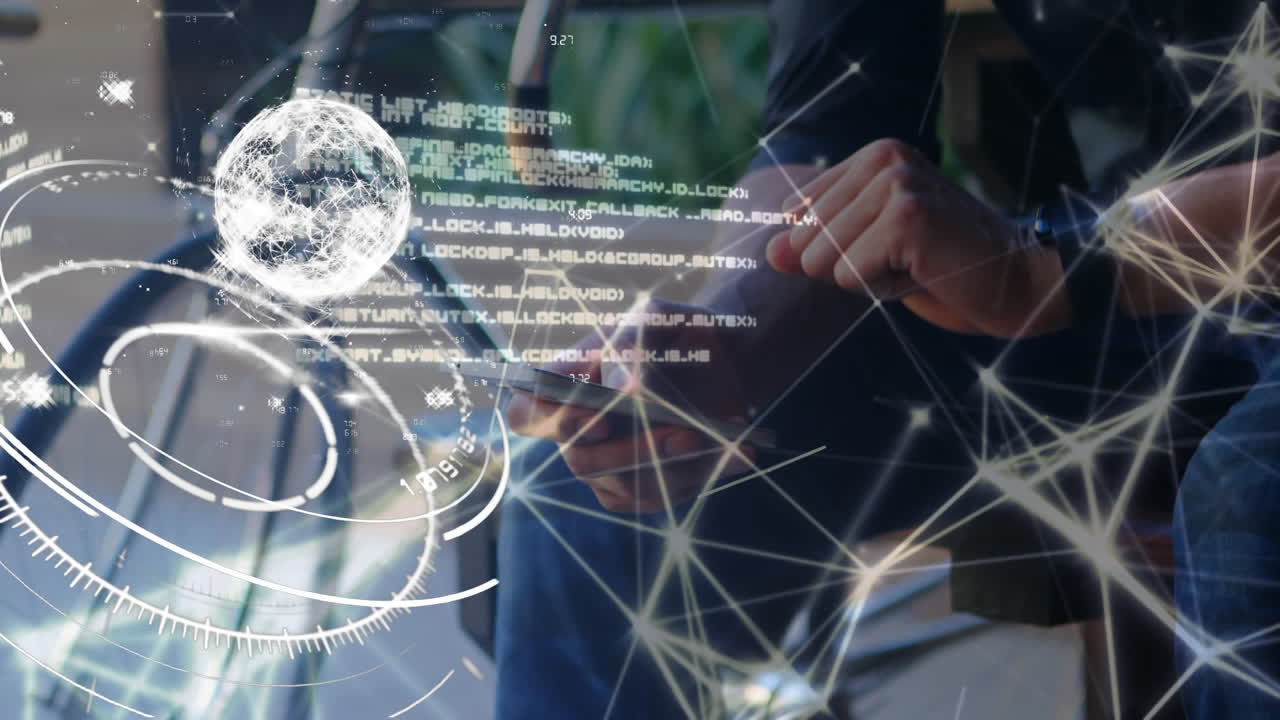 Network of connections and spinning globe against mid section of man using smartphone outdoors