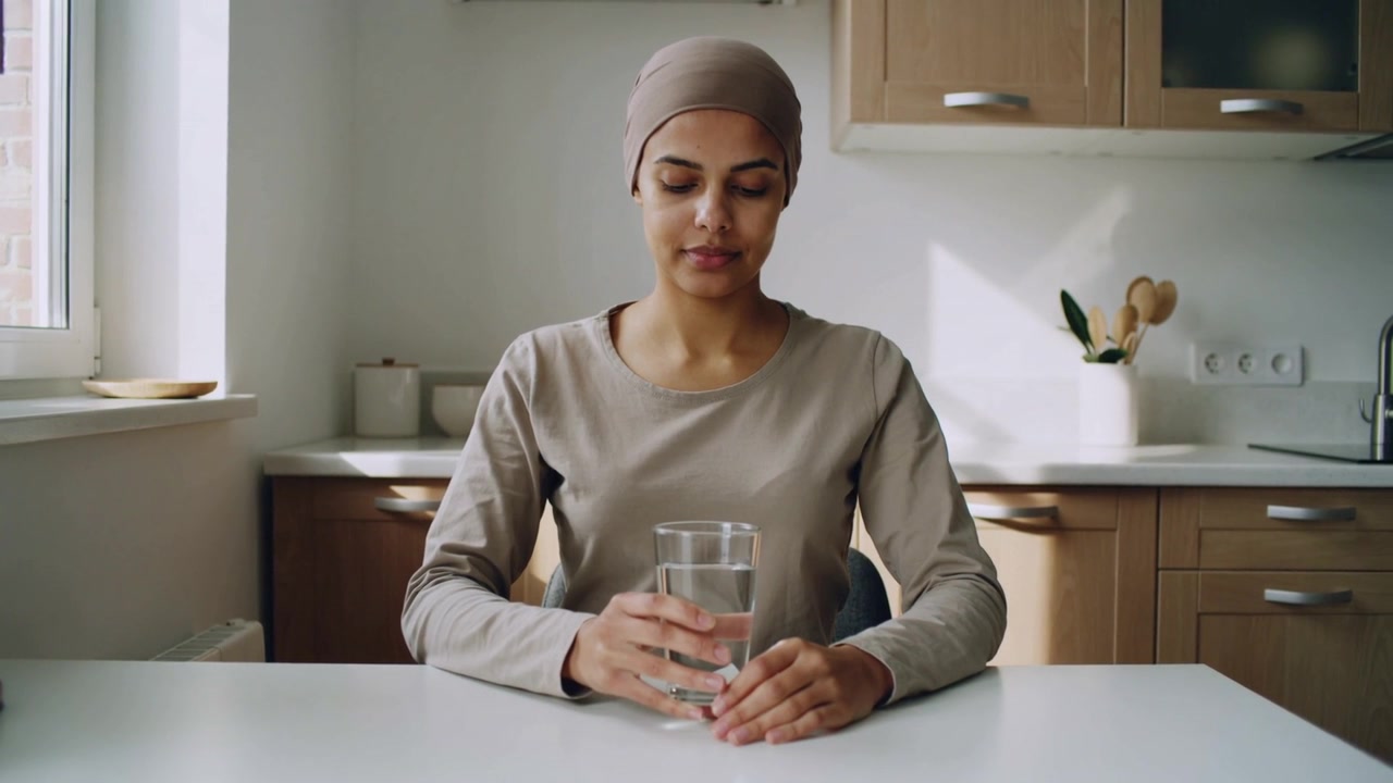 Holding turbaned long-sleeved woman shifting grip on glass at home table, preparing to drink water