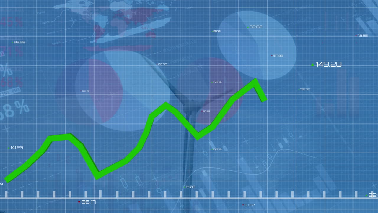 통계 및 금융 데이터 처리 동작: 시골에서 풍력 터빈 위에 있는 녹색 선