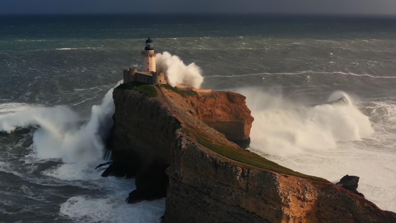 Lighthouse on a Rocky Cliff Amidst Crashing Waves