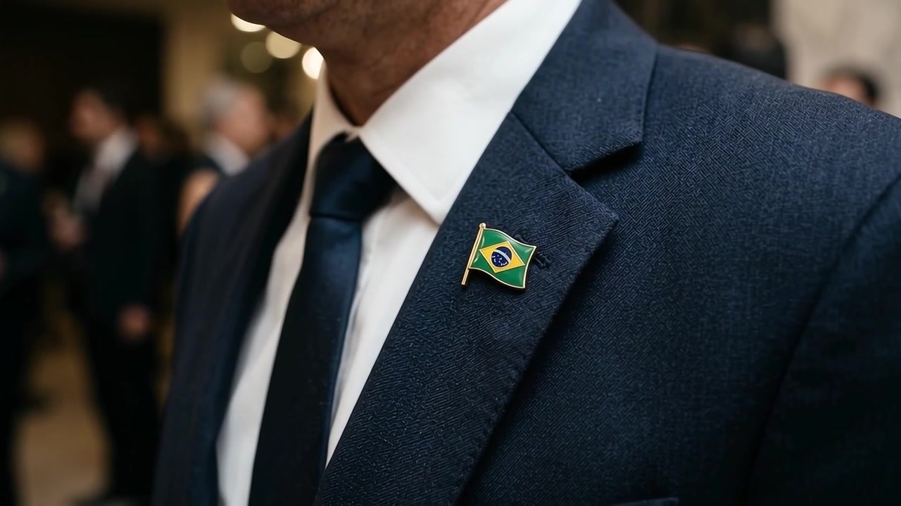 Uomo che appunta la bandiera brasiliana sul risvolto della giacca