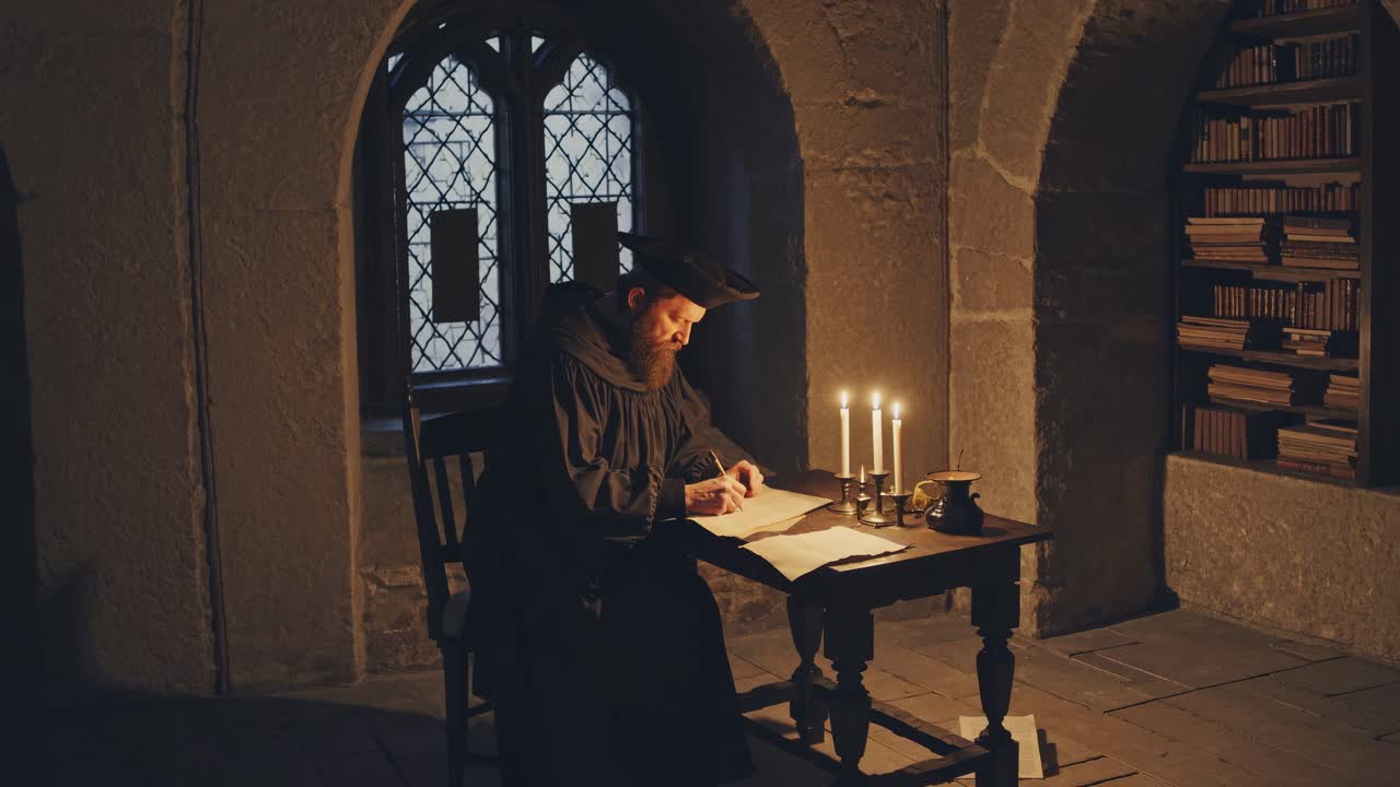 En medeltida lärd skriver i skenet av levande ljus i ett dunkelt upplyst stenbibliotek.