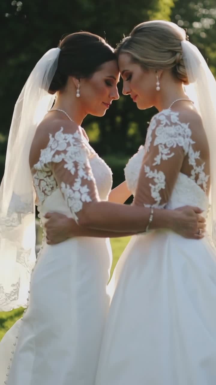 Video vertical: Tomadas de la mano, dos novias enamoradas con vestidos de encaje apoyando las frentes en un parque, velos.