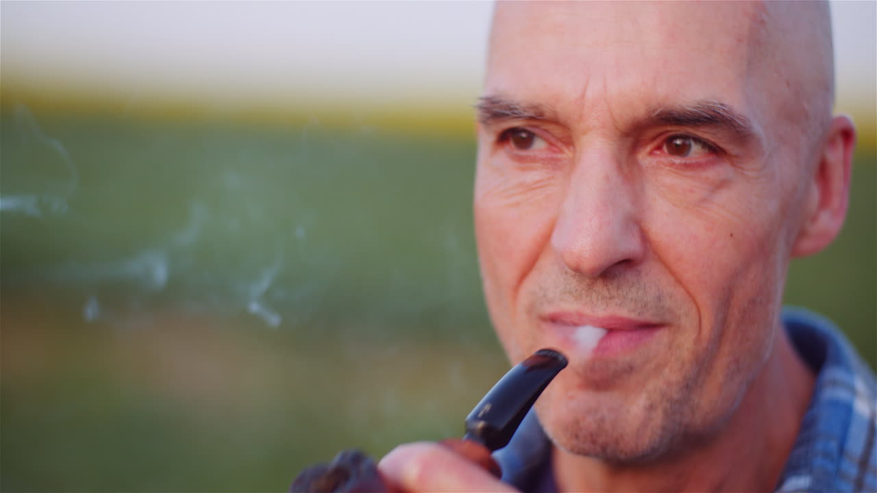 Primo piano di un uomo calvo che fuma la pipa all'aperto.