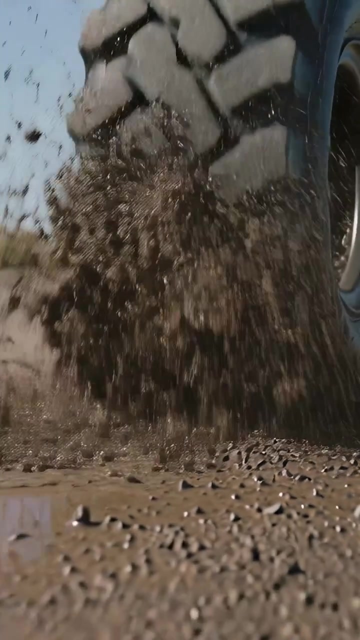 Vertical video: Accelerating heavy off-road tire digging into gravel on dirt road, sending pebbles