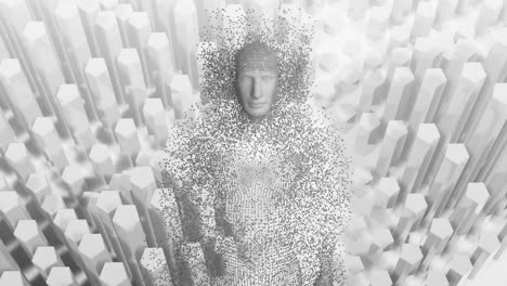 animation of human body formed with exploding particles on 3d white background