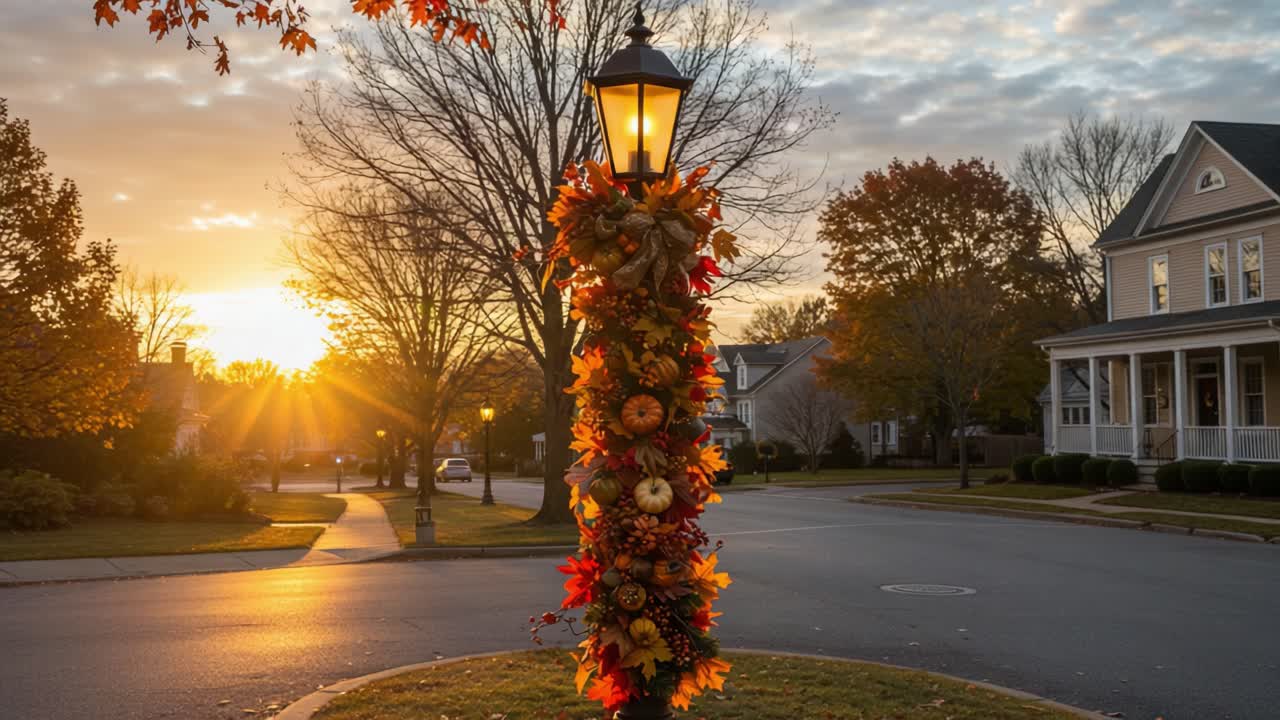 A Scenic Autumn Evening at a Tranquil Neighborhood Intersection with a Decorated Lamp Post Surrounded by Colorful Leaves and Vibrant Sunset