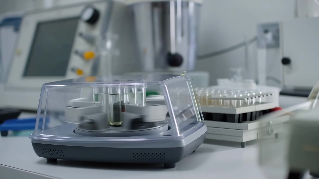 Benchtop Analyzer With Microplate And Pipette, Closeup Showing Automated Sample Carousel, Touchscreen Console,