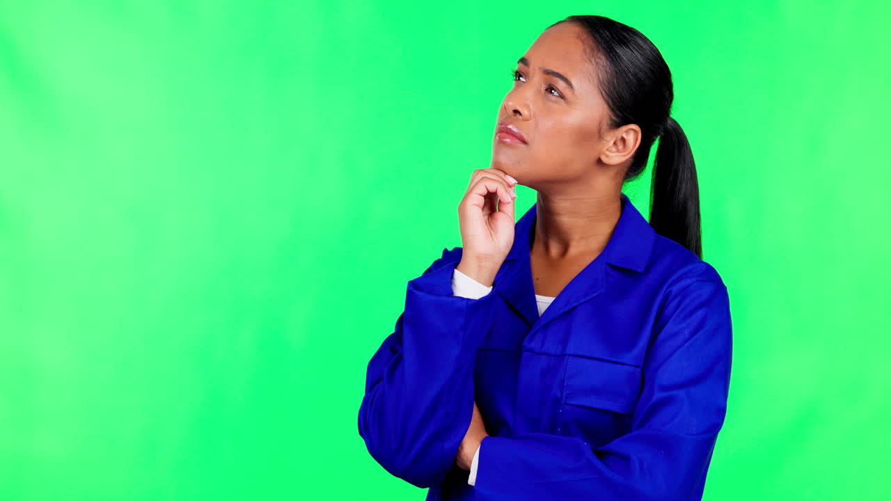 Woman, green screen and construction worker