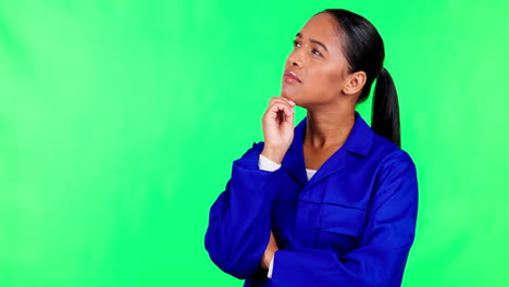 woman, green screen and construction worker