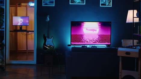 Dimly-lit-living-room-filled-with-interior-home-decor-and-3D-animations-running-in-background