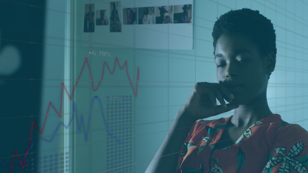 Animation of financial data processing over african american businesswoman in office