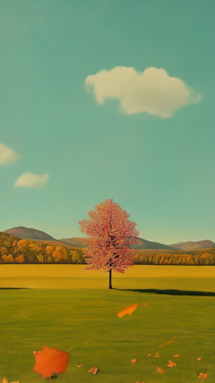 A serene landscape video captures a lone pink tree in a vast field, with a low-angle view