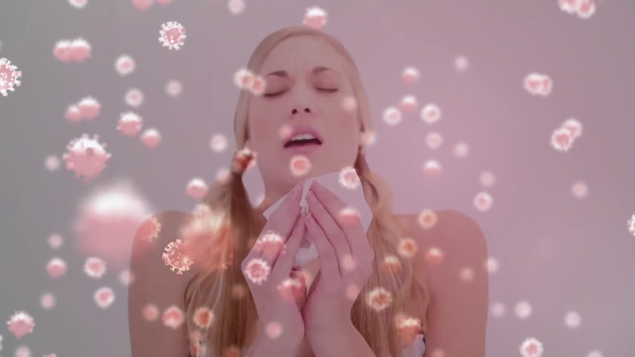 아프리카 코로나 바이러스 세포 위에 바이러스 세포를 흔드는 인간 얼굴 모델의 애니메이션