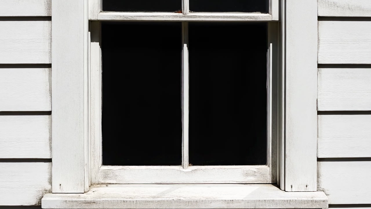 White Wooden Window With Dark Interior, Sunlit Clapboard Siding, Peeling Paint On Sill, Symmetrical Fourpane