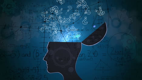 animation of cogs over human head silhouette with question marks and mathematical equations