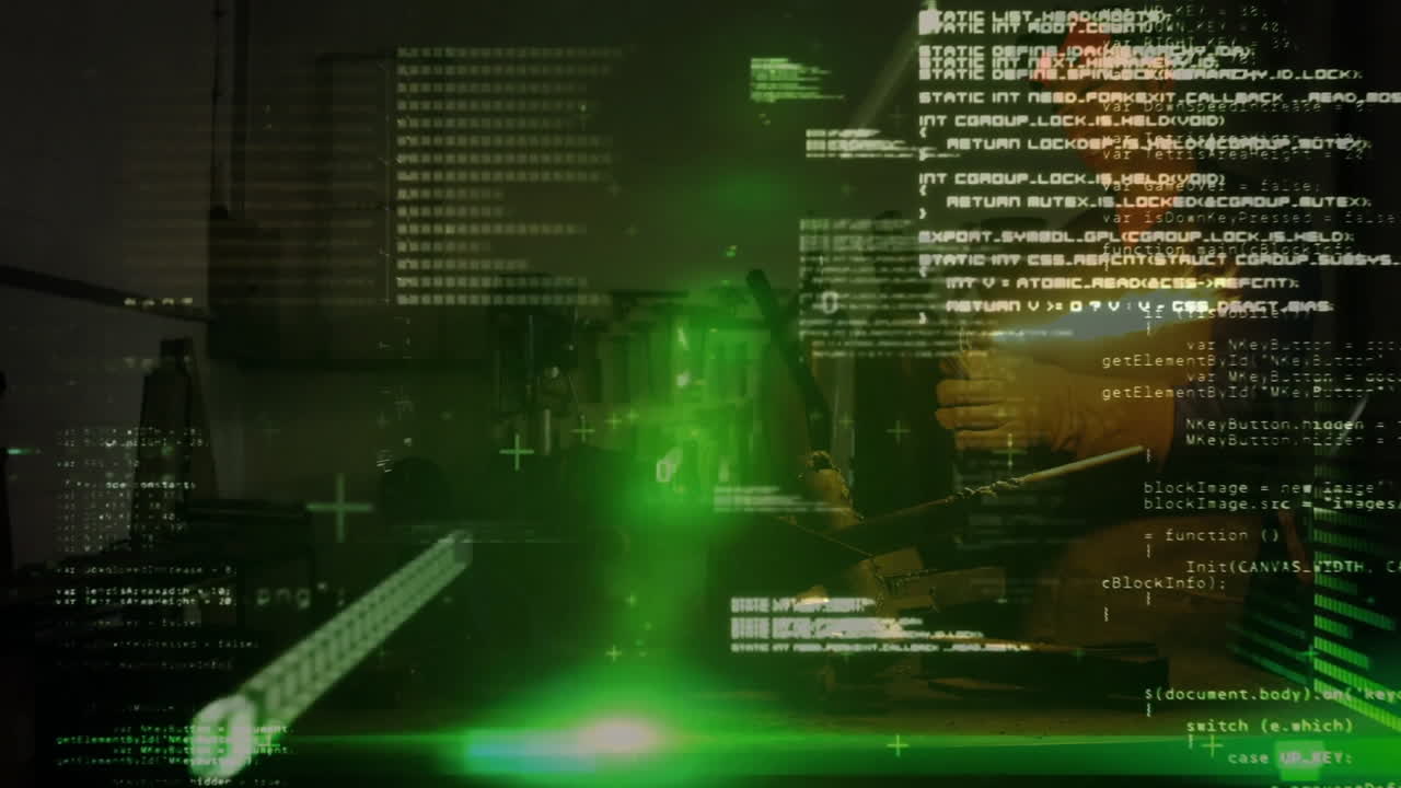 soldier holding tactical rifle while digital code overlays showing technology interface in armory